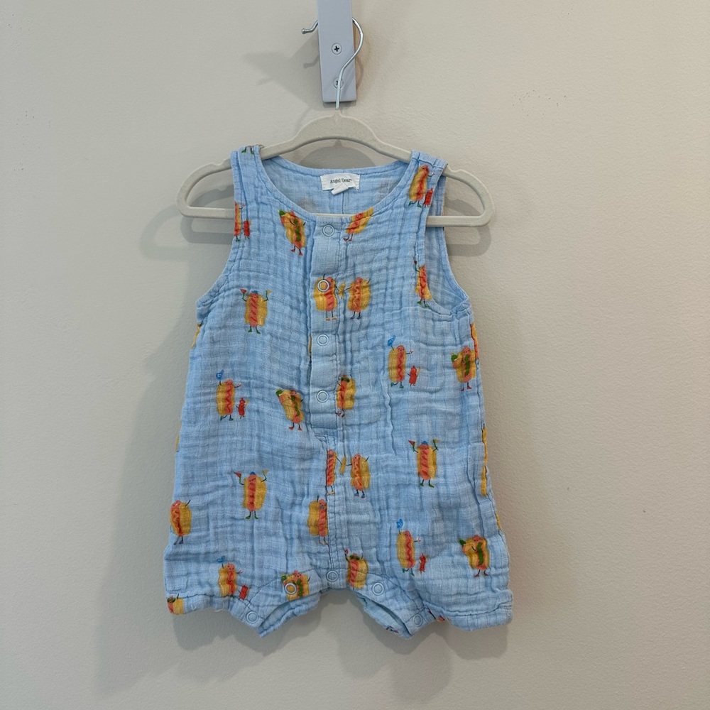 Angel Dear Blue Muslin Sleeveless Baby Romper with Hotdogs pattern size 12-18M